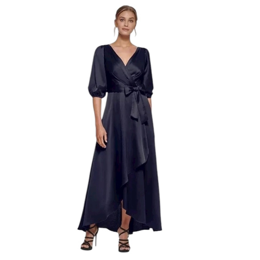 DKNY Donna Karan 3/4 Balloon Sleeve Surplice V-Neck‎ Faux Wrap Gown Navy Size 12